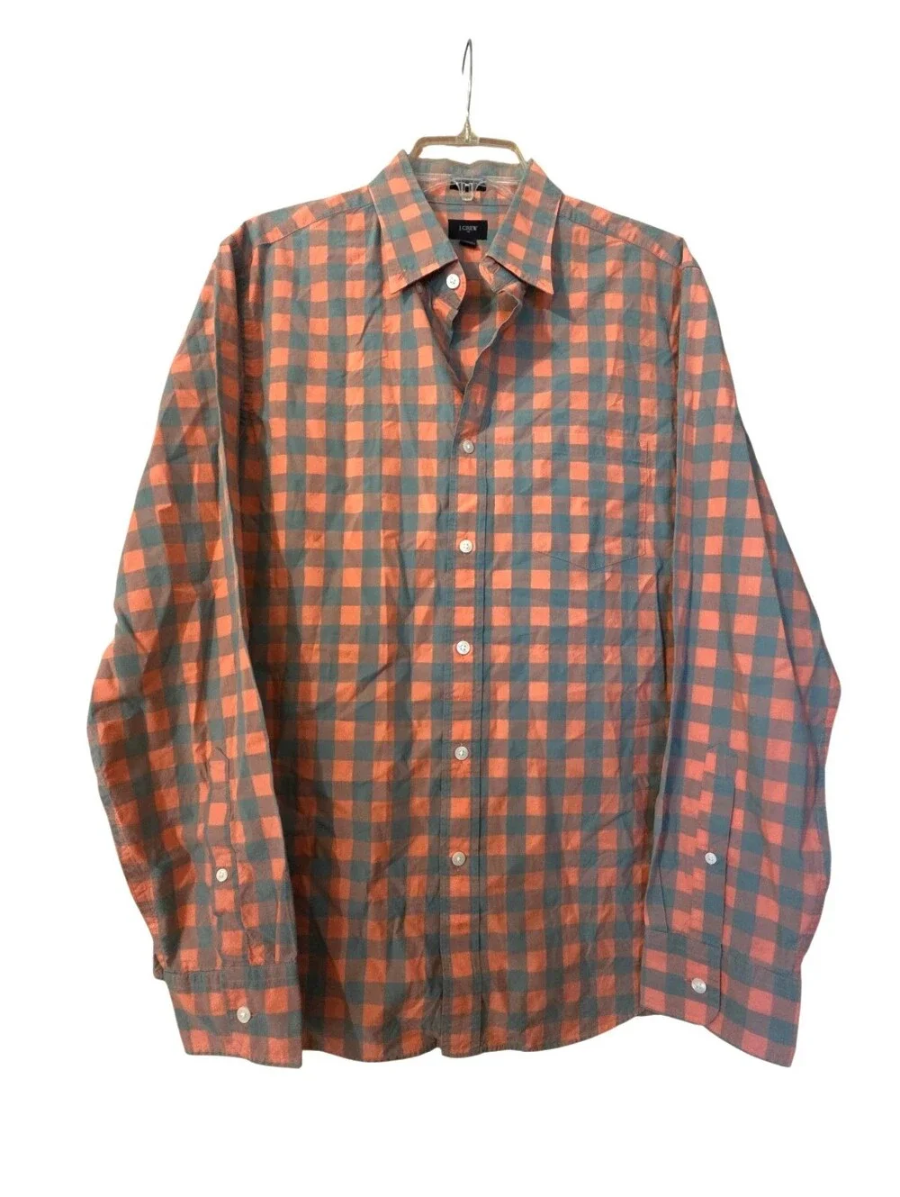 J Crew 100% Cotton Long Sleeve Shirt Slim Checker Print Teal/Orange Size Large